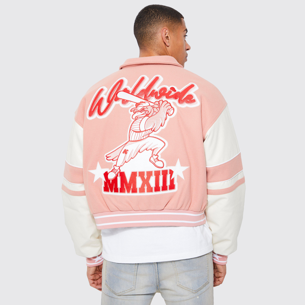 Nylon Embroidered Varsity Jacket in Black