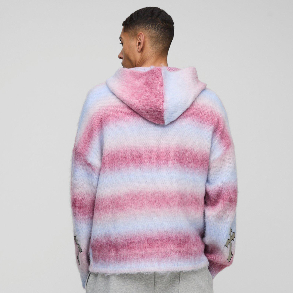 Oversized Boxy Cross Embroidered Zip Through Hoodie